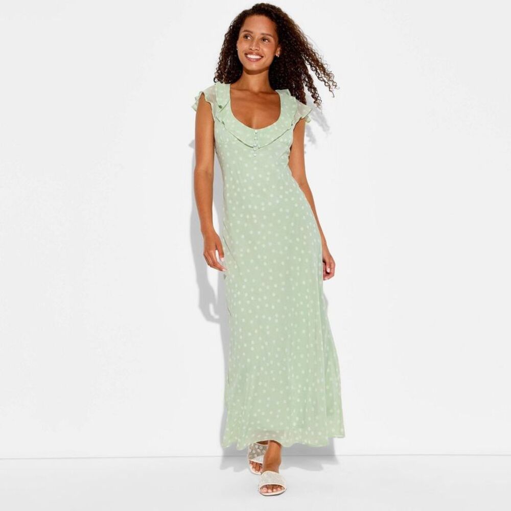Women's Chiffon Ruffle Maxi Dress - Light Green Polka Dots S: Cottagecore